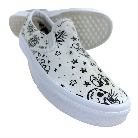 VANS Tattoo White Canvas Slip-on Sneakers 11.5(W) 9(M) - Picture 1 of 9